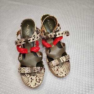 Aldo Wedge Sandal Women US 8.5 Platform Hemp Espadrille Red Brown Snake Skin